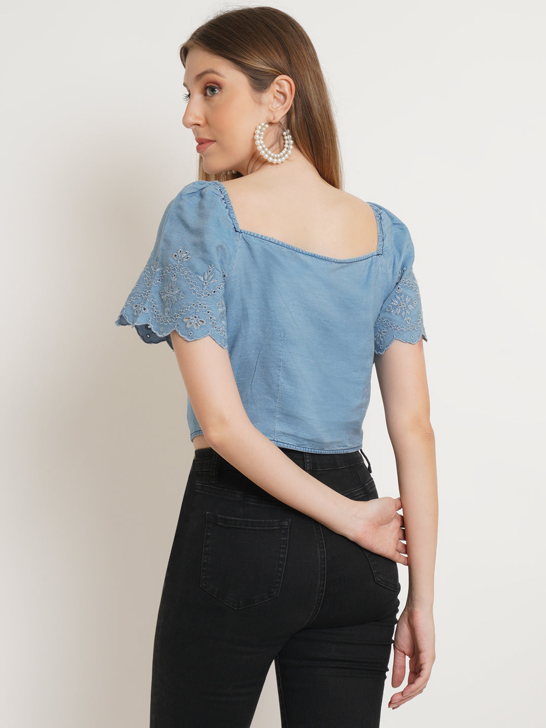 Women Blue Denim Crop Top