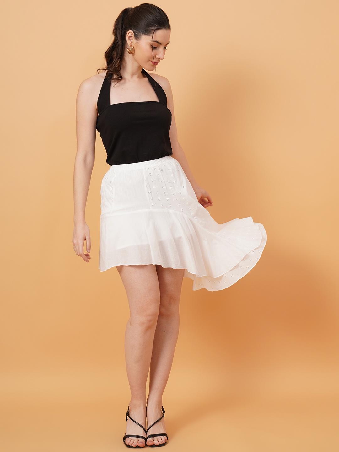 Women White Schiffli Mini Skirt