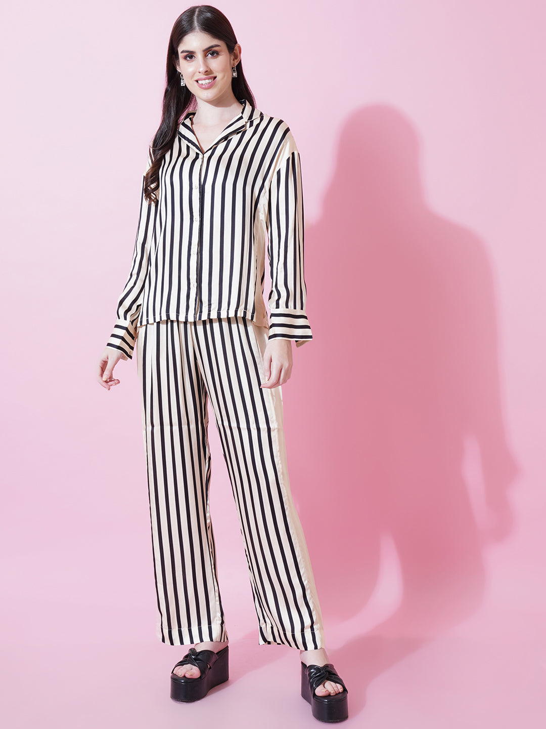 Women Cream & Black Stripe Satin Pyjama & Shirt Night Suit Set