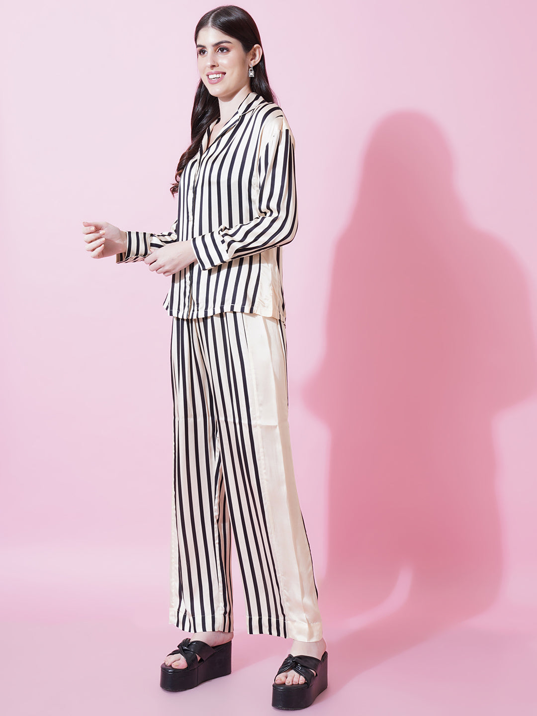 Women Cream & Black Stripe Satin Pyjama & Shirt Night Suit Set