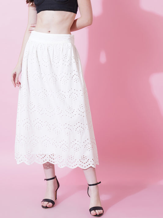 Women White Schiffli Flared Skirt