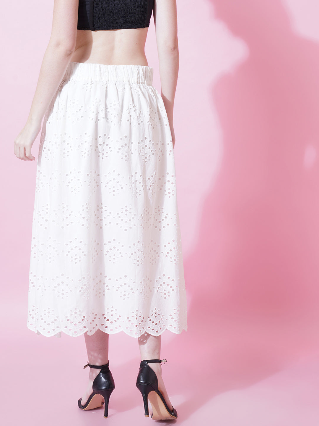 Women White Schiffli Flared Skirt