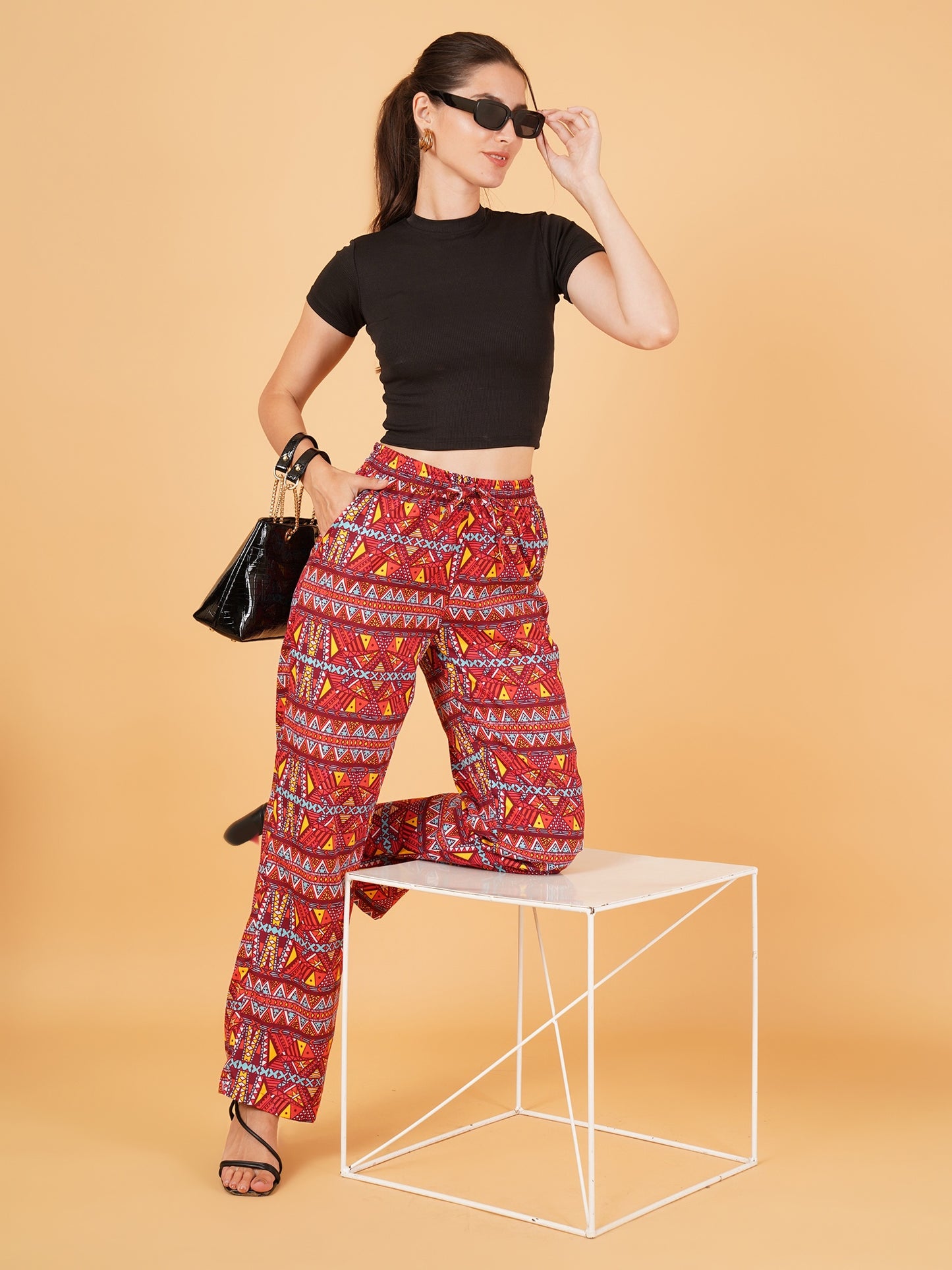 Women Maroon & Yellow Geometric Print Regular Fit Pyjama