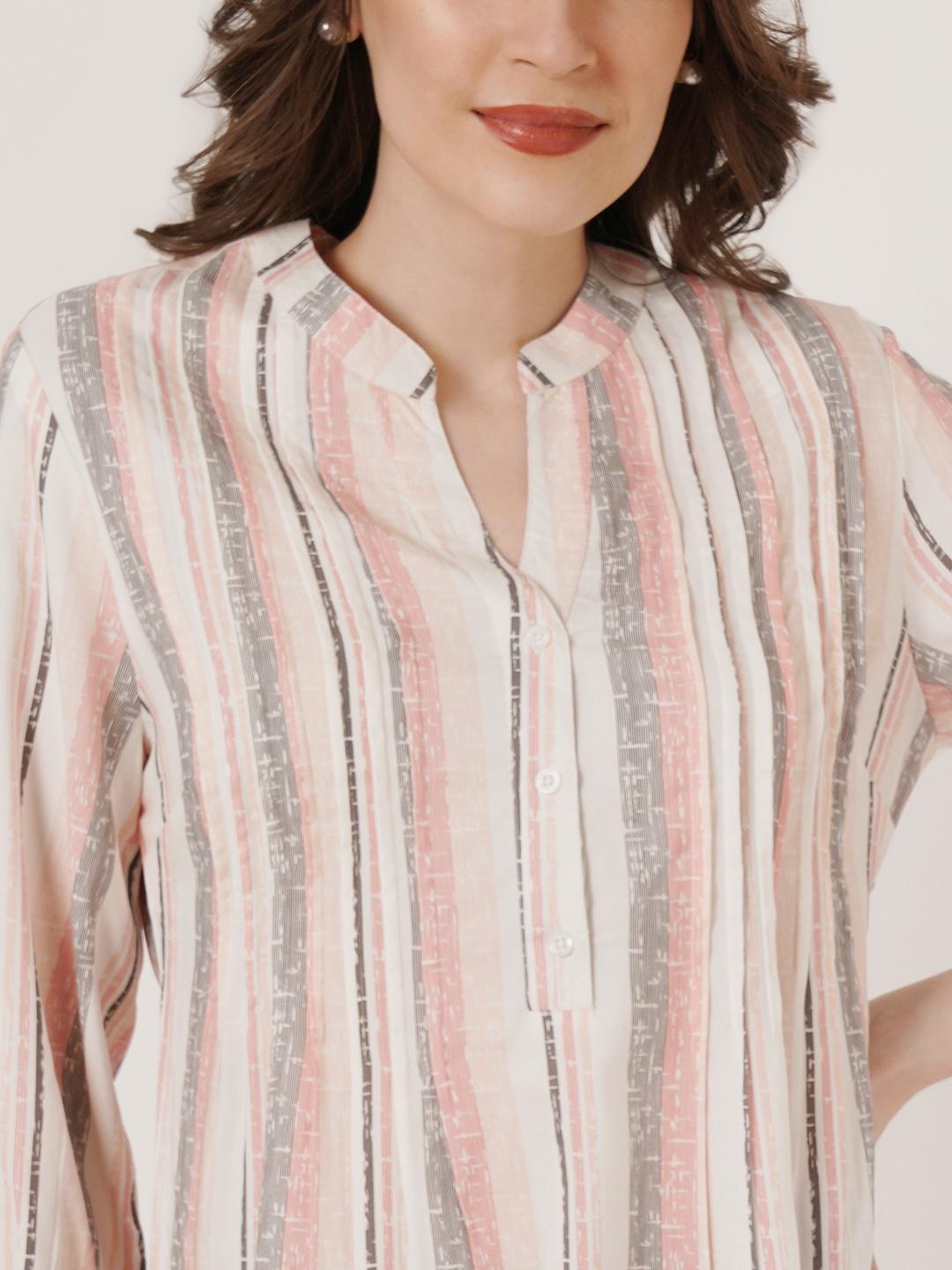 Women White & Pink Striped Mandarin Collar Pleated Kurti