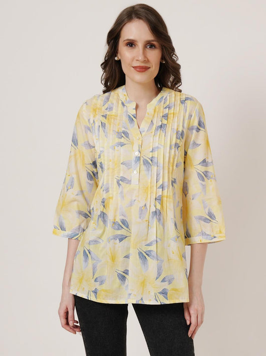 Women Yellow & White Leaf Print Mandarin Collar Pleated Kurti