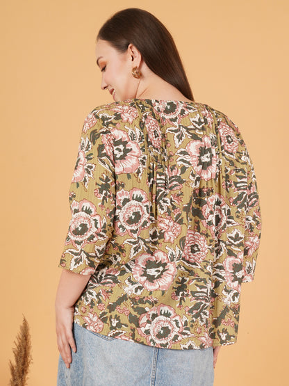 Women Green & Pink Floral Print Pintuck Bell Sleeves V-Neck Plus Size Top