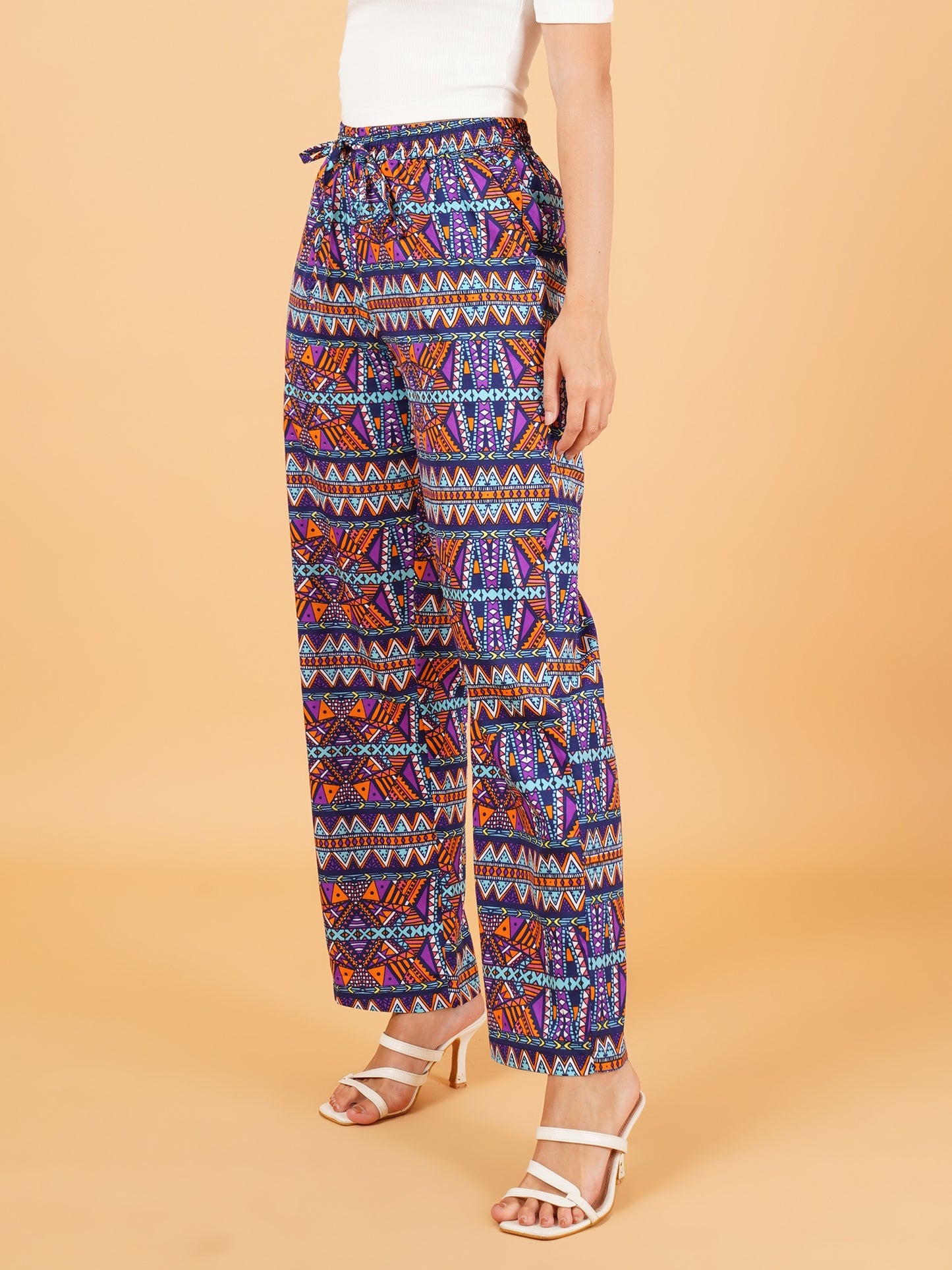 Women Navy Blue & Orange Geometric Print Regular Fit Pyjama