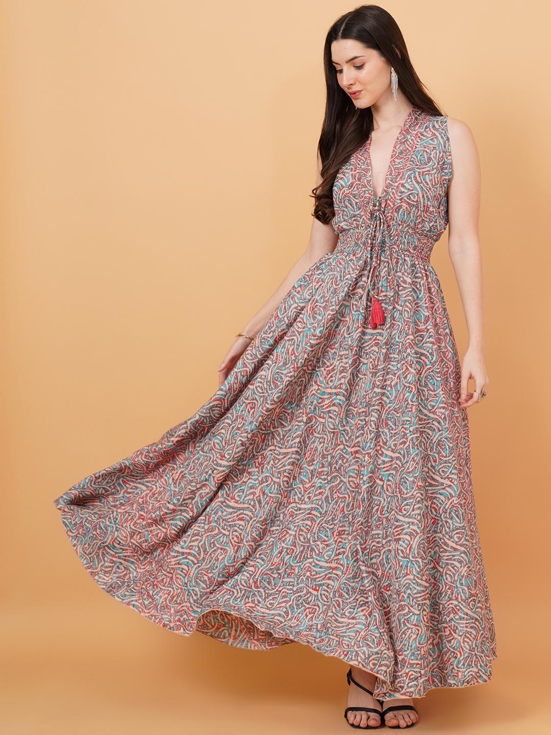 Women Pink & Terquoise Blue Printed Fit & Flare Dress