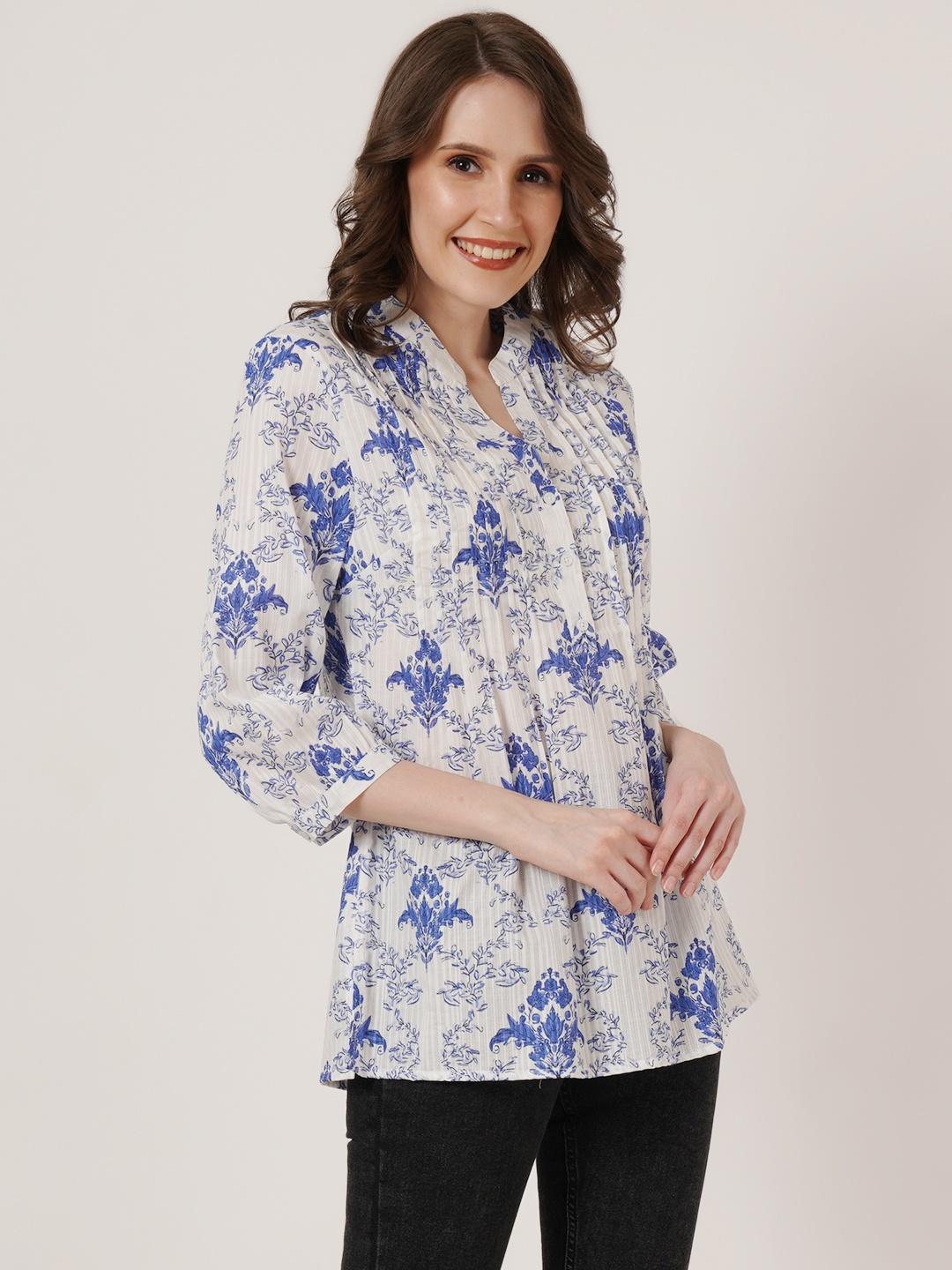 Women White & Blue Floral Print Mandarin Collar Pleated Kurti