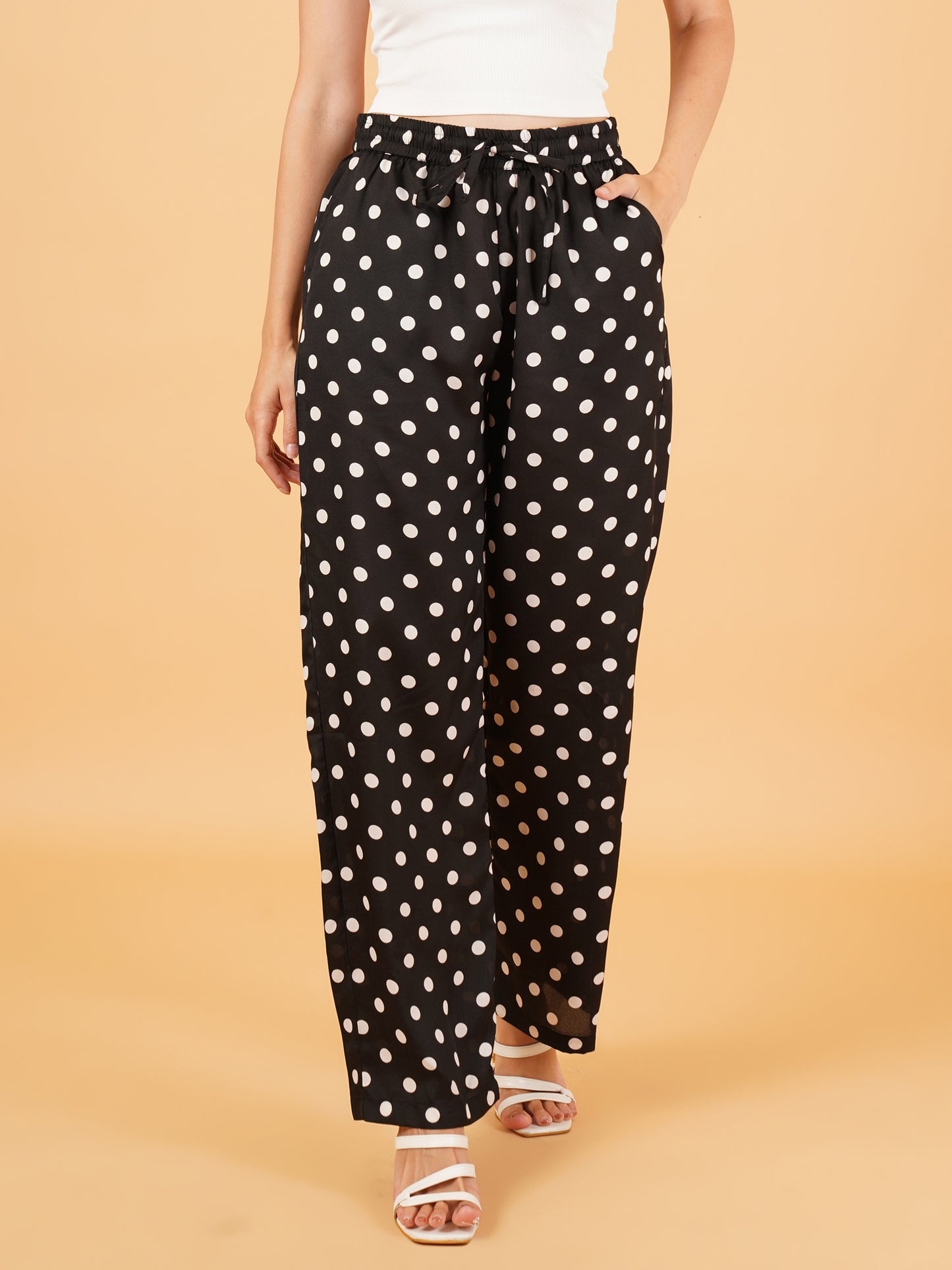 Women Black & White Polka Dot Print Regular Fit Pyjama