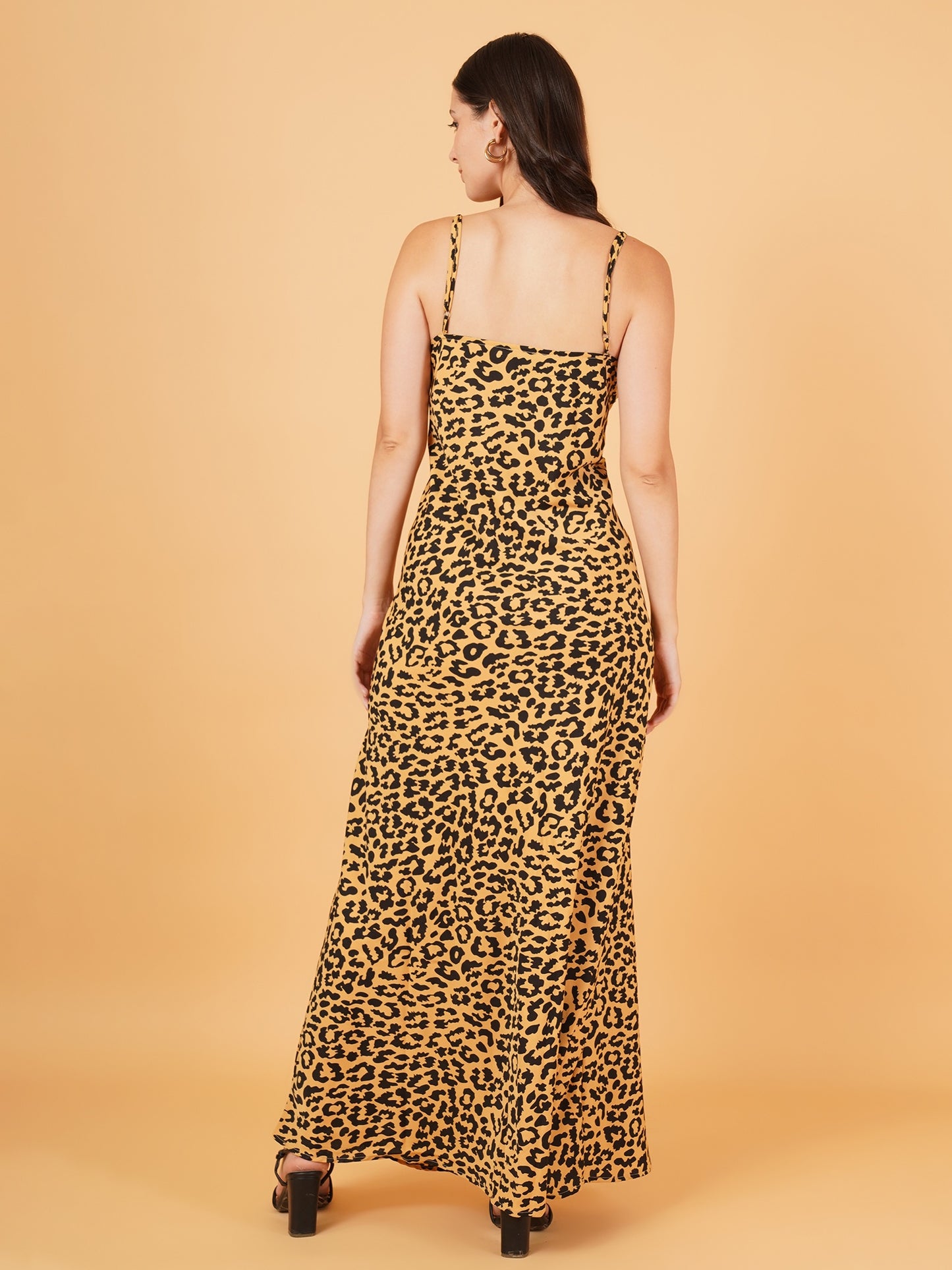 Women Black & White Leopard Print Shoulder Strap Maxi Dress