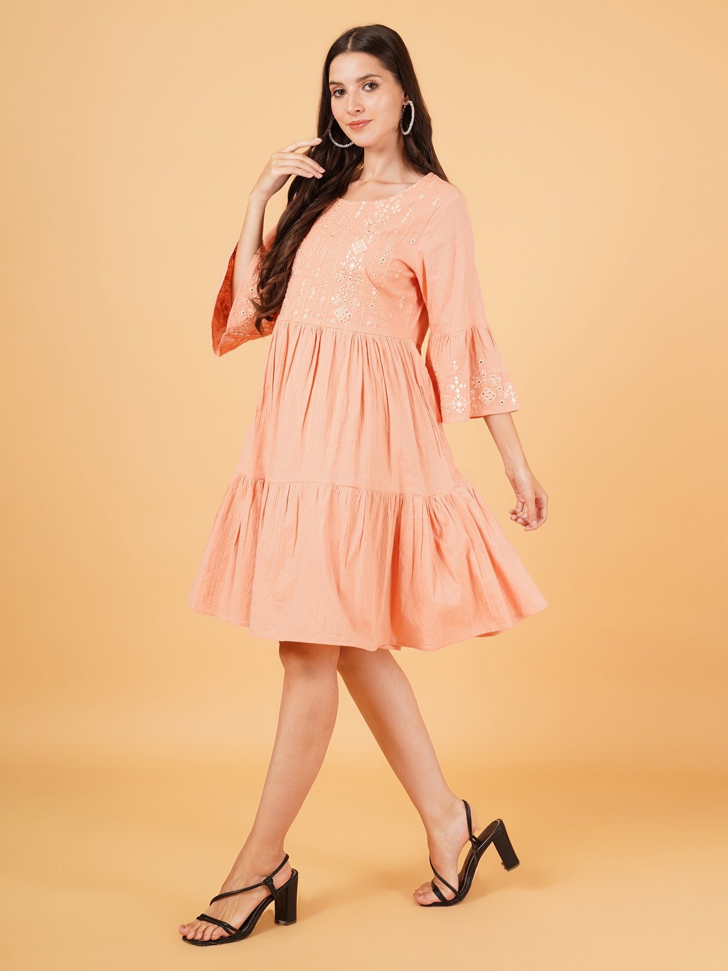 Women Pink Embroidered Frill Sleeves A-Line Dress