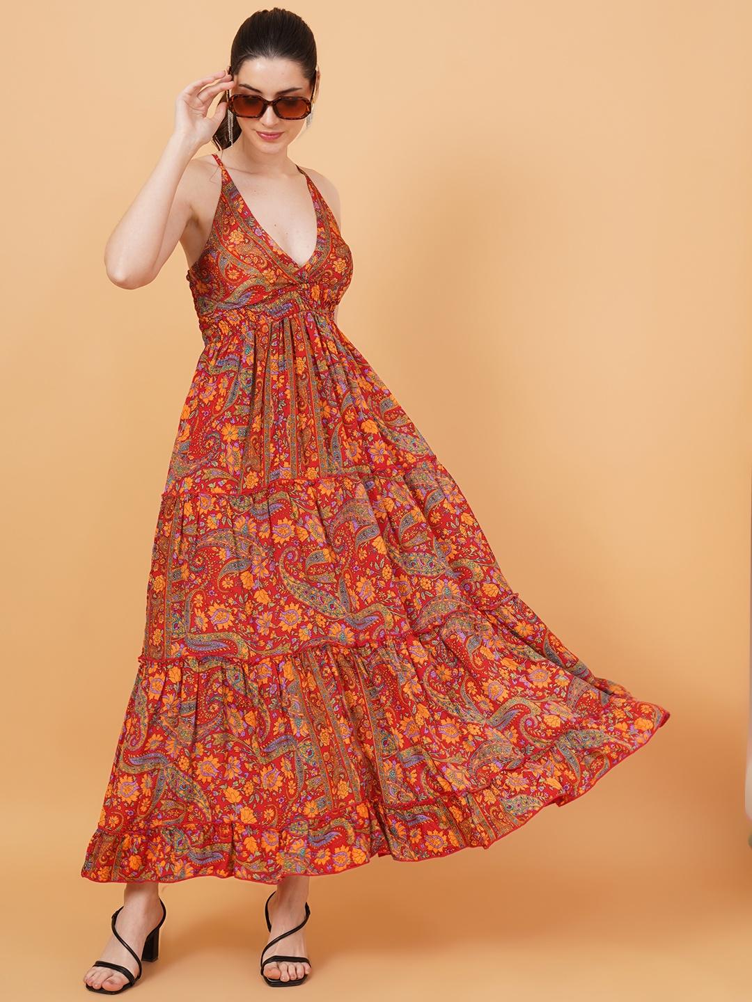 Women Red & Orange Paisley Print Fit & Flare Dress