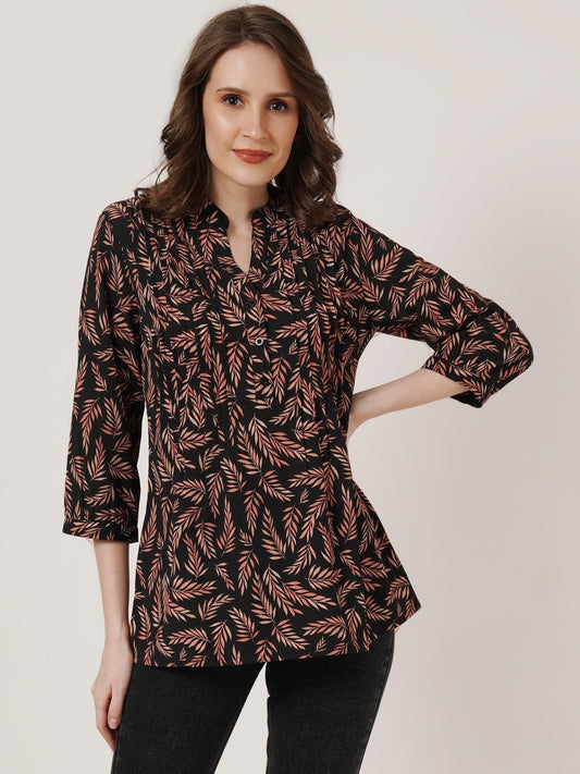 Women Black & Brown Leaf Print Mandarin Collar Pleated Kurti