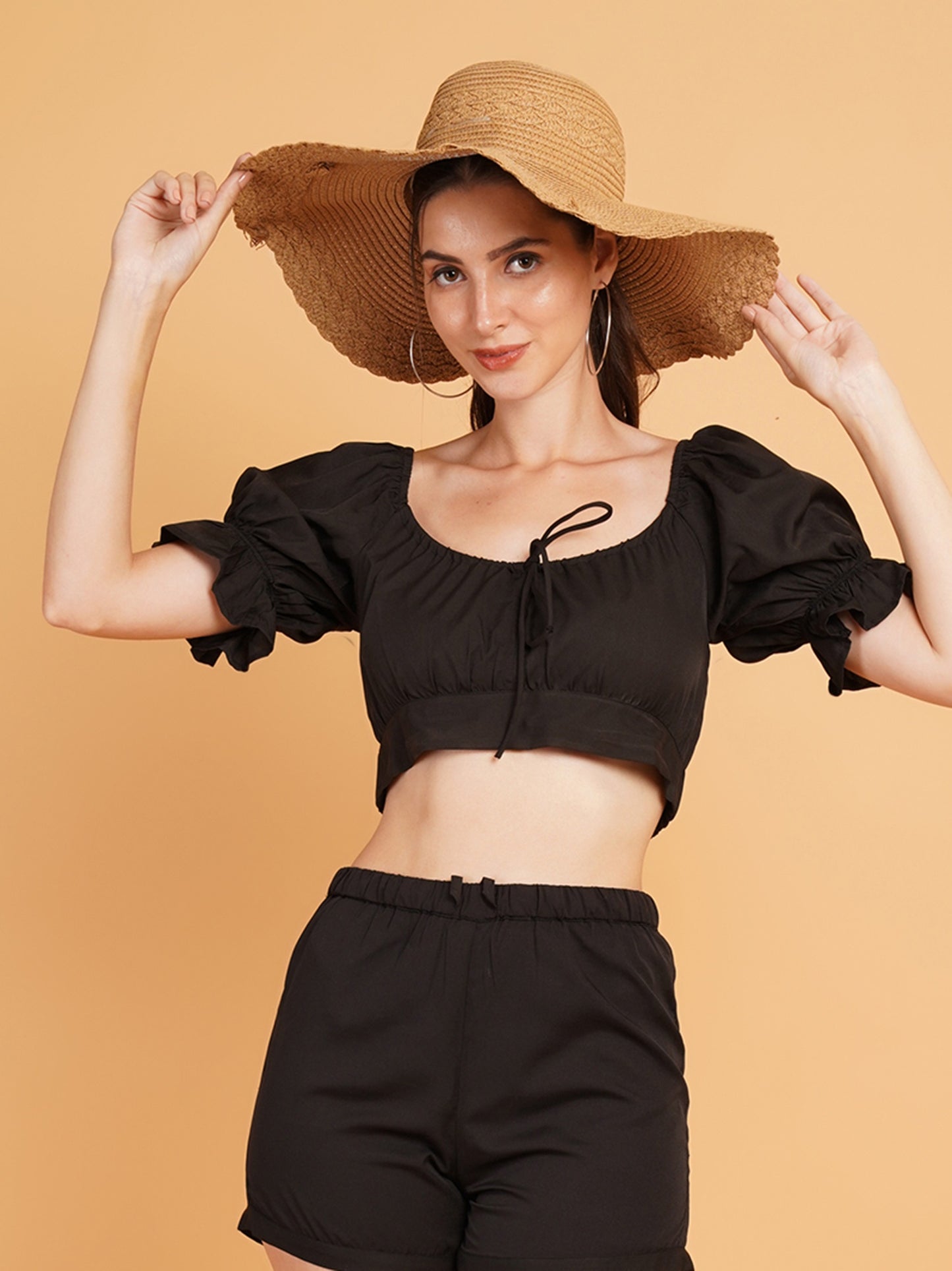 Women Black Drawstring Puff Sleeves Crop Top