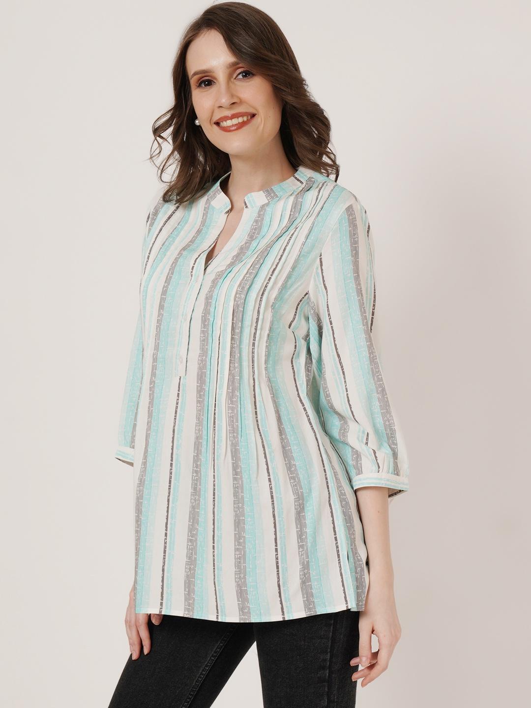 Women White & Grey Striped Mandarin Collar Pleated Kurti