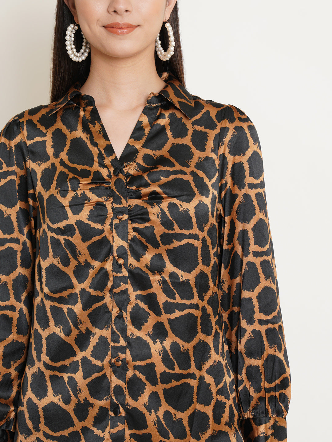Women Black & Gold Animal Printed Satin Full Sleeves Shirt Collared Tops