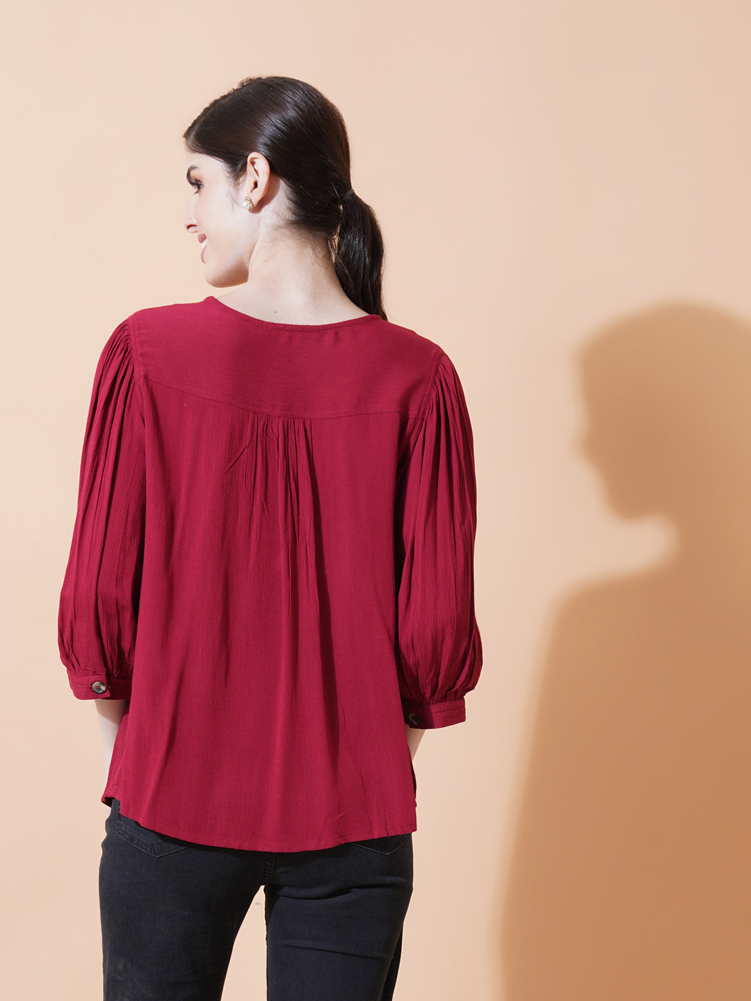 Women Maroon Solid Pintuck Top