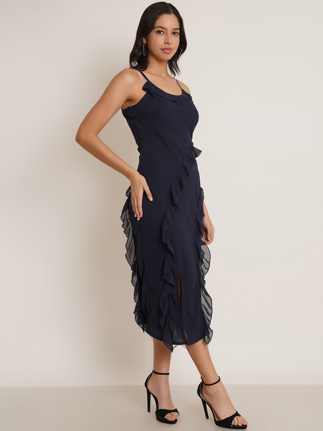 Women Navy Blue Solid Frill Midi Dress