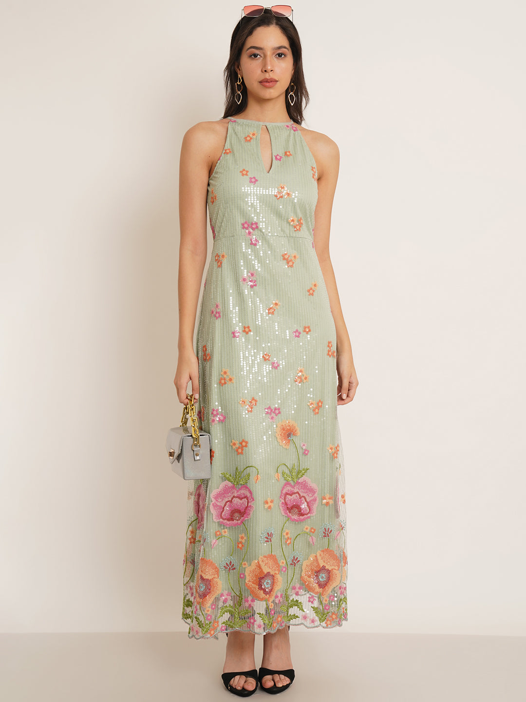 Women Green & Pink Embellished Floral Bridesmaid Maxi Dress