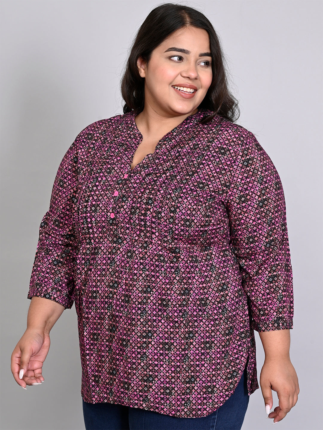 Women Plus Size Pink & Black Printed Pintuck Mandarin Collar Longline Top