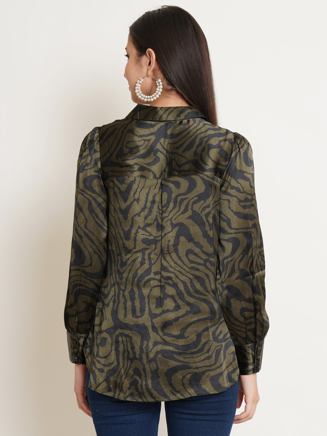 Women Black & Green Printed Satin Full Sleeves Shirt Collared Tops