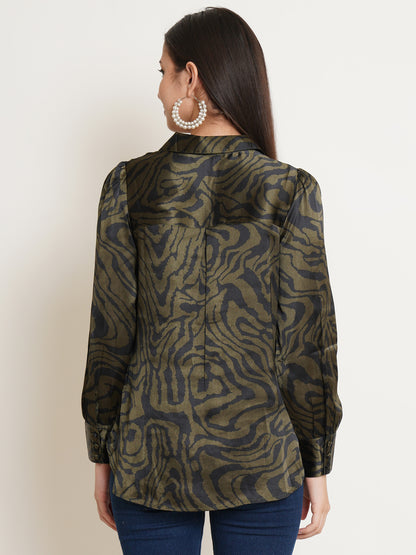 Women Black & Green Printed Satin Full Sleeves Shirt Collared Tops