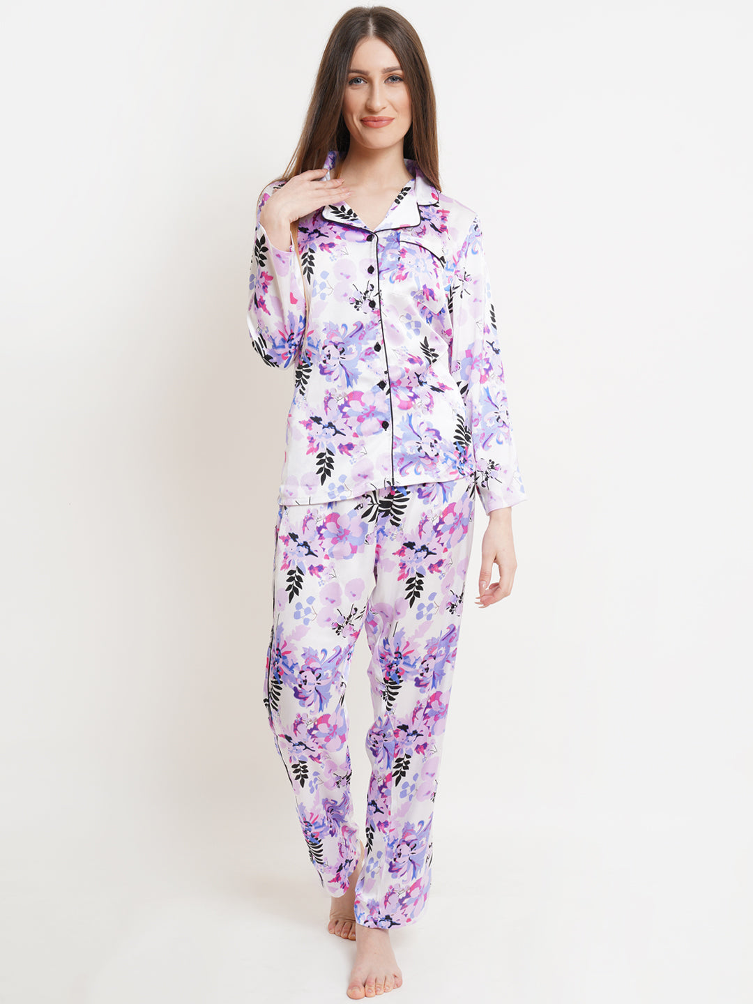 Women Purple & White Satin Leaf Print Pyjama & Shirt Nightsuit Set
