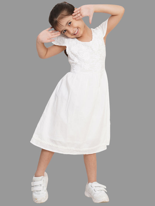 CREATIVE KID'S White Embroidered Cotton A-Line Dress for Girl