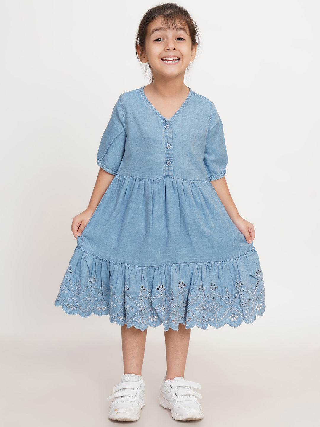 CREATIVE KID'S Girl Blue Schiffli Denim Fit & Flare Dress