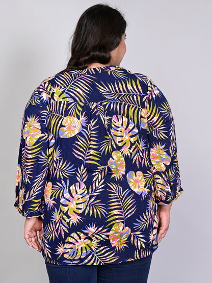 Women Plus Size Navy Blue & Green Printed Pintuck Mandarin Collar Longline Top