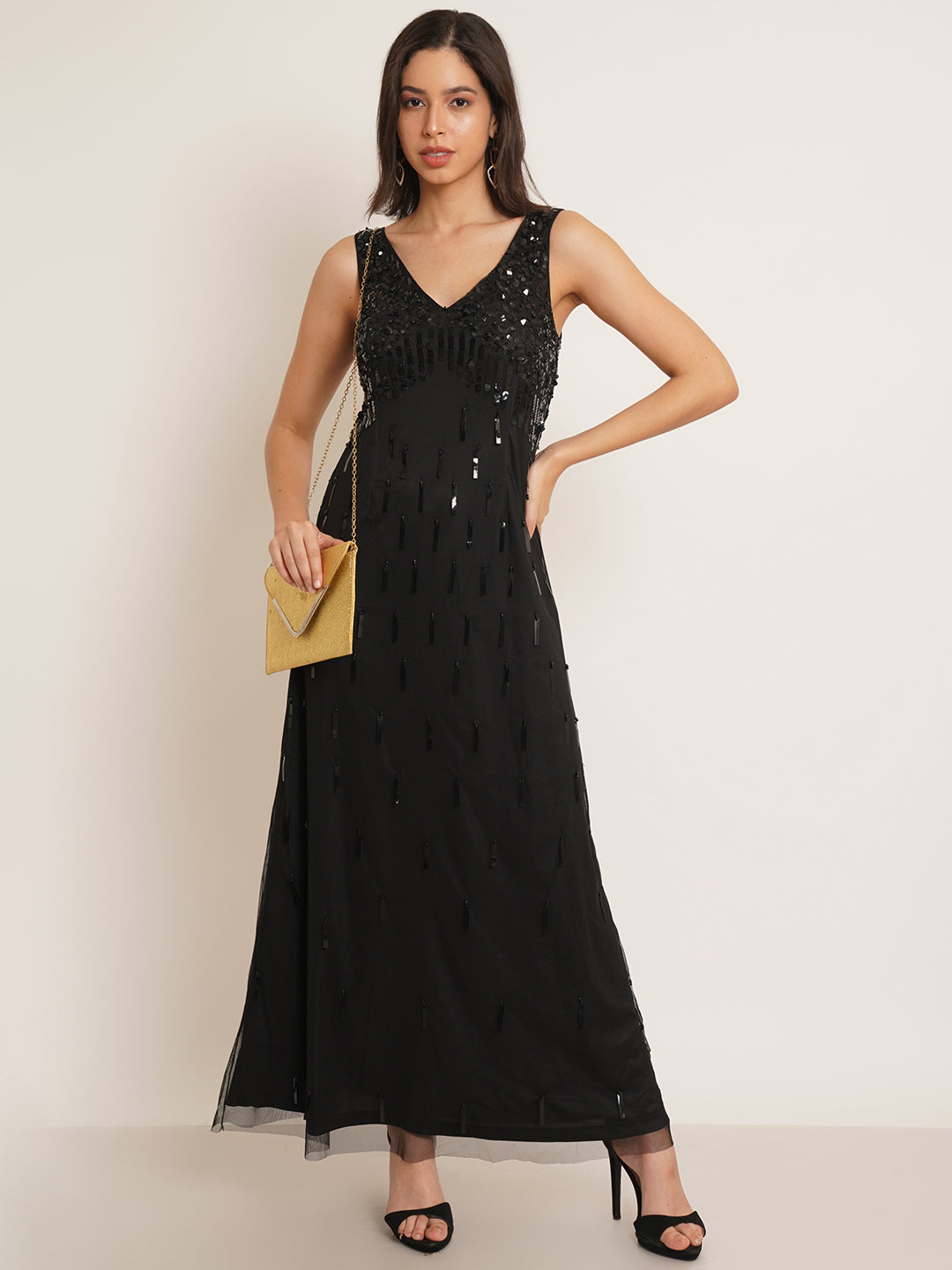 Women Black Embellished V-Neck Maxi Gown