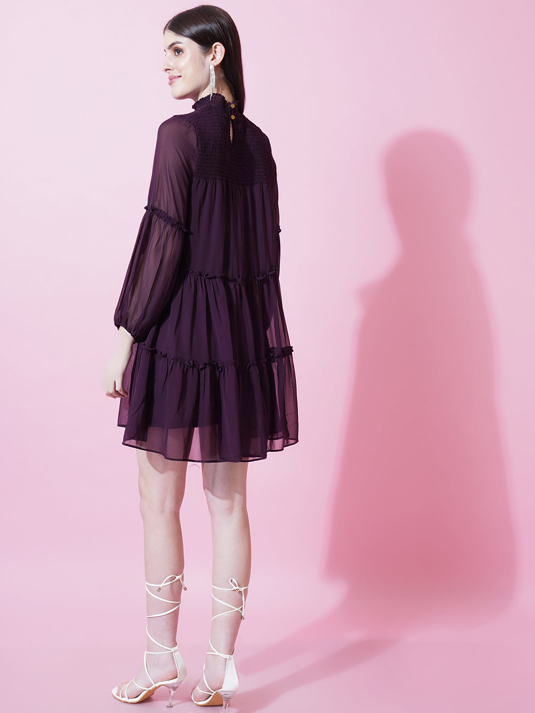 Women Magenta Purple Solid Above Knee Length Smocked Dress