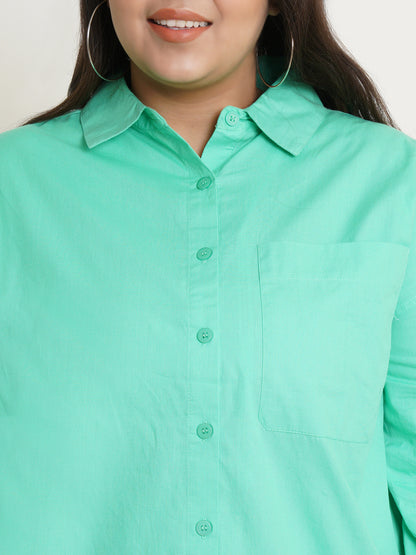 Women Green Full Sleeves Collar Style Plus Size Top