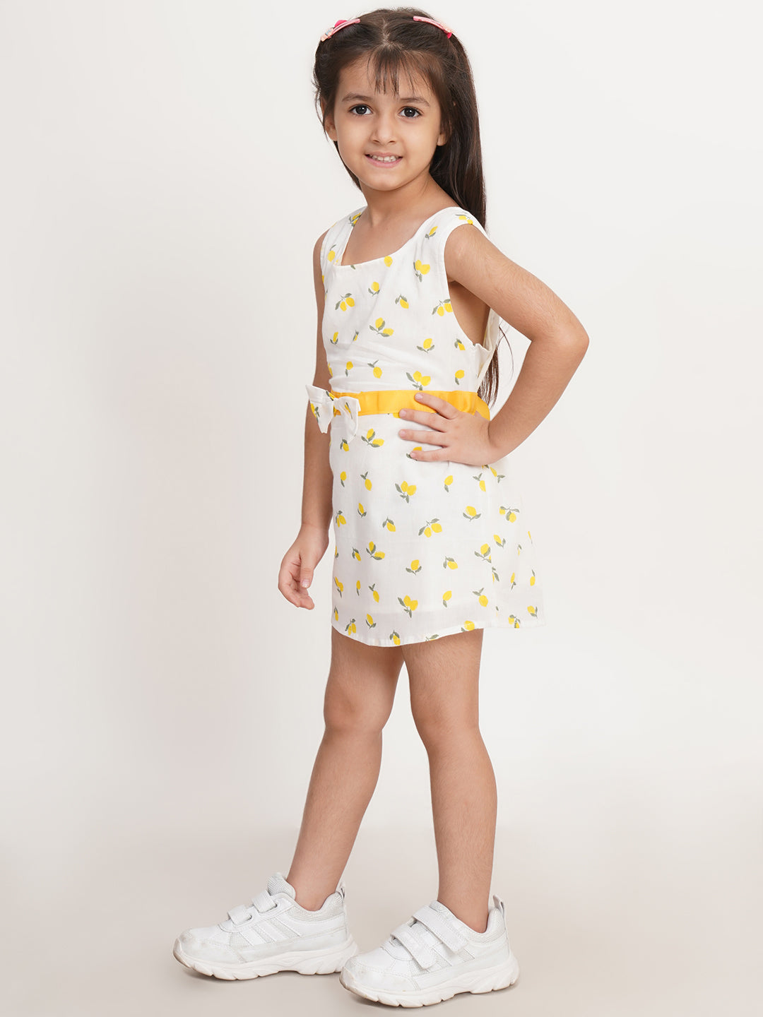CREATIVE KID'S Girl White & Yellow Fruit Print Cotton A-Line Dress