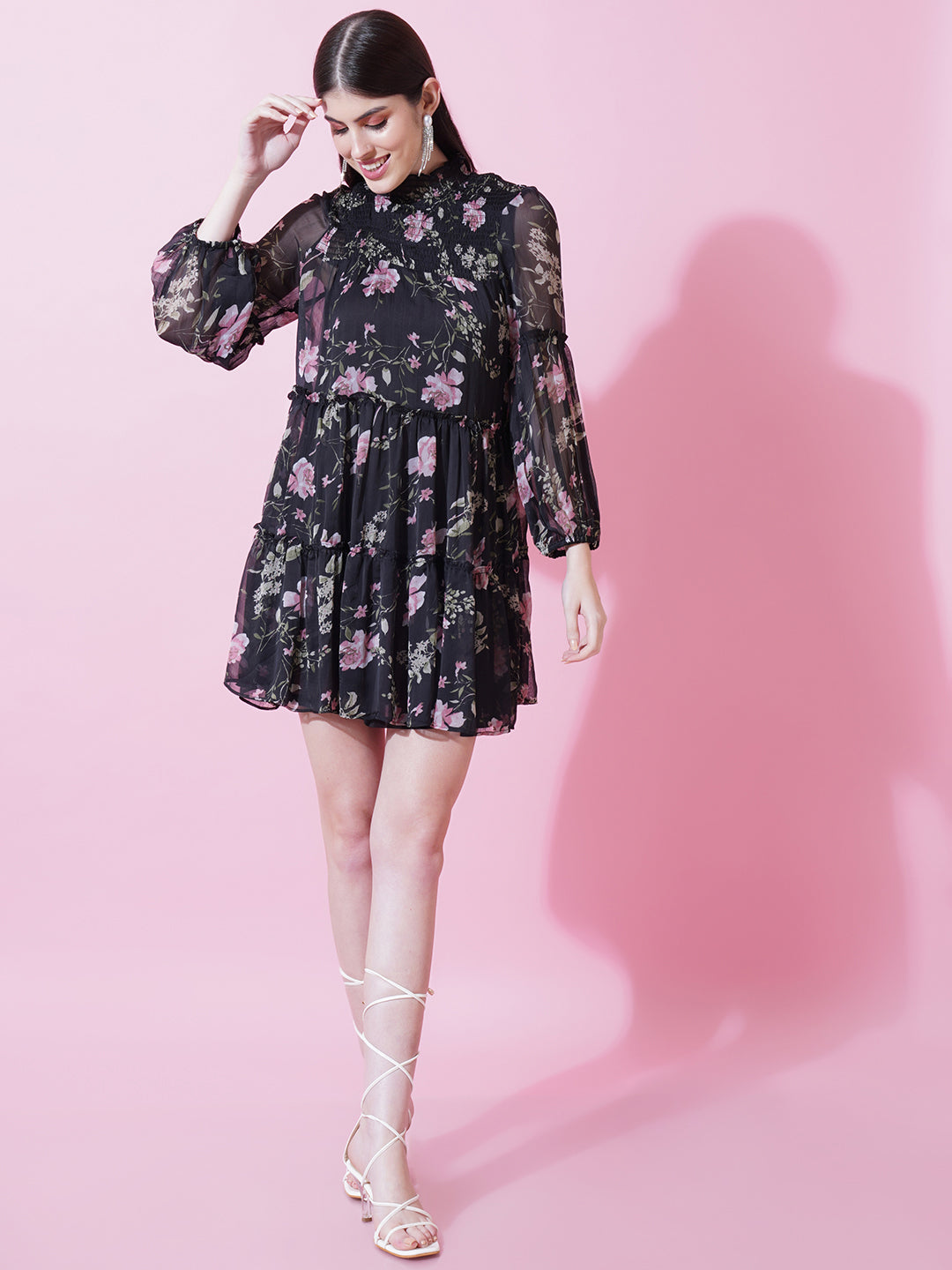 Women Black & Pink Floral Print Above Knee Length Smocked Dress