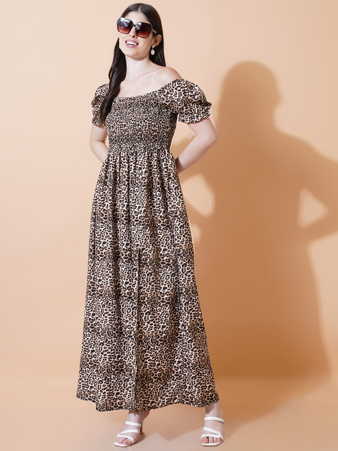 Women Brown & Black Animal Print Smocked Maxi Dress