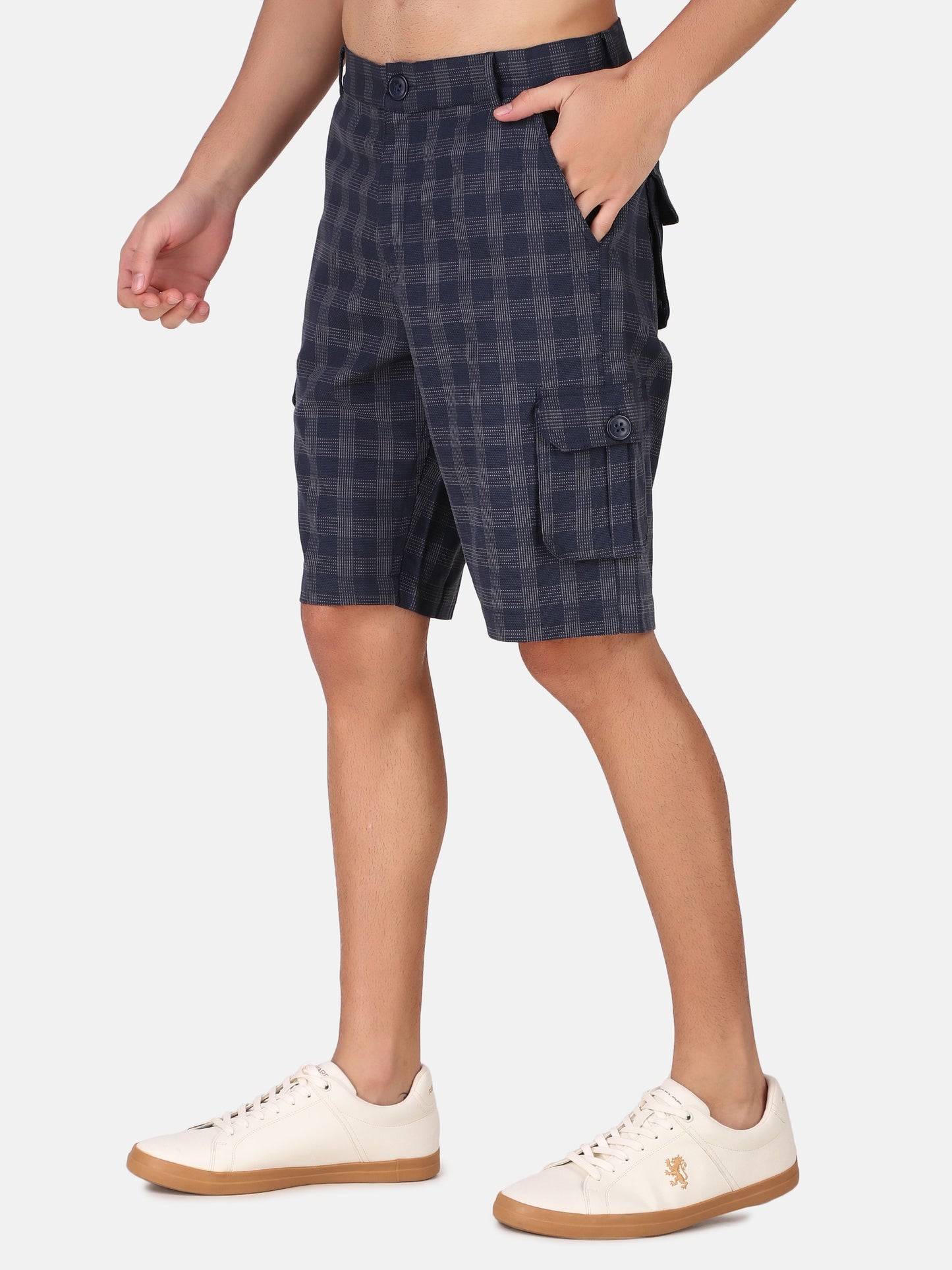 Men Navy Blue & Grey Checkred Regular Fit Cargo Shorts