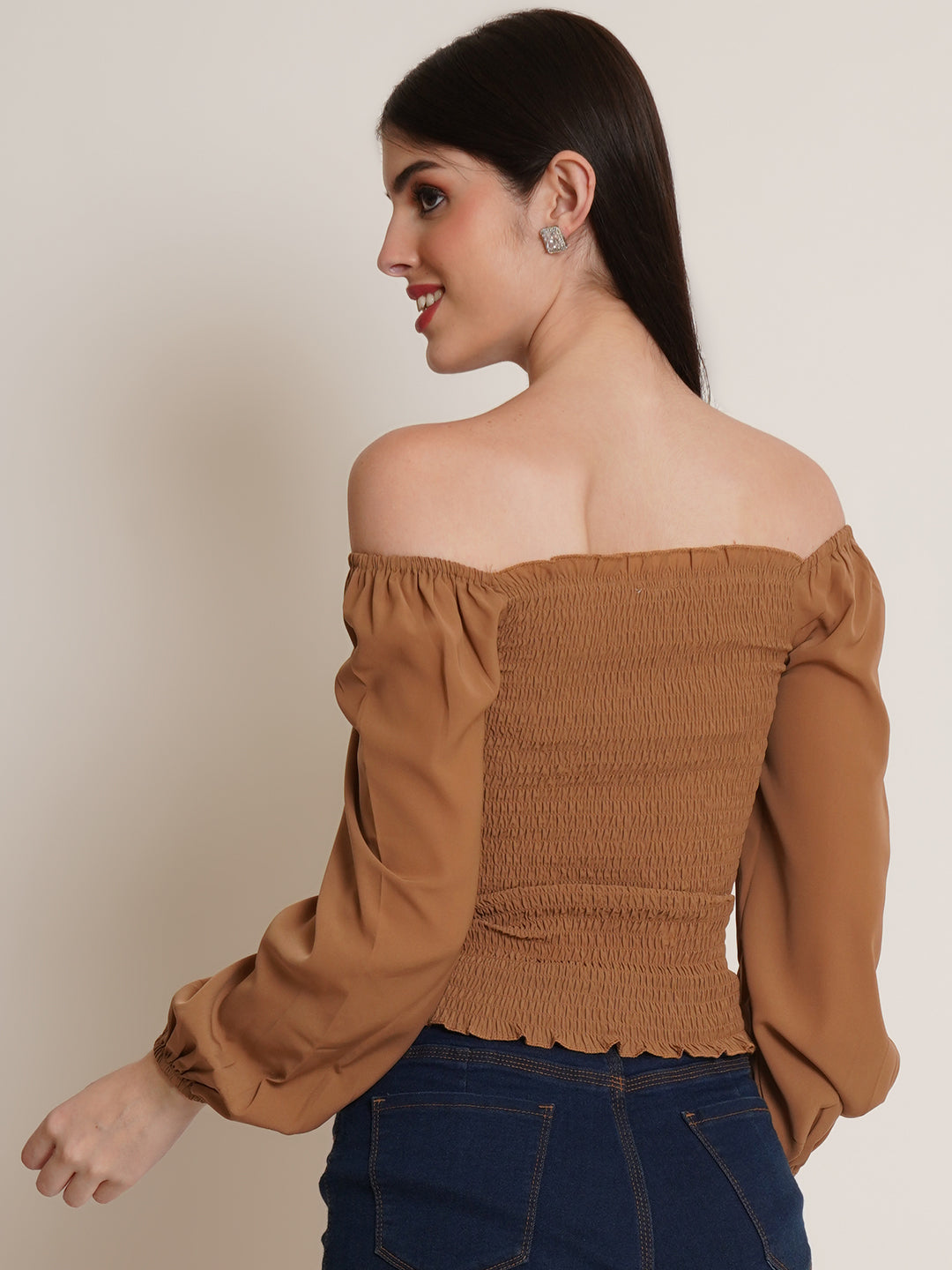 Women Brown Solid Drawstring Front Ditsy Smocked Crop Top