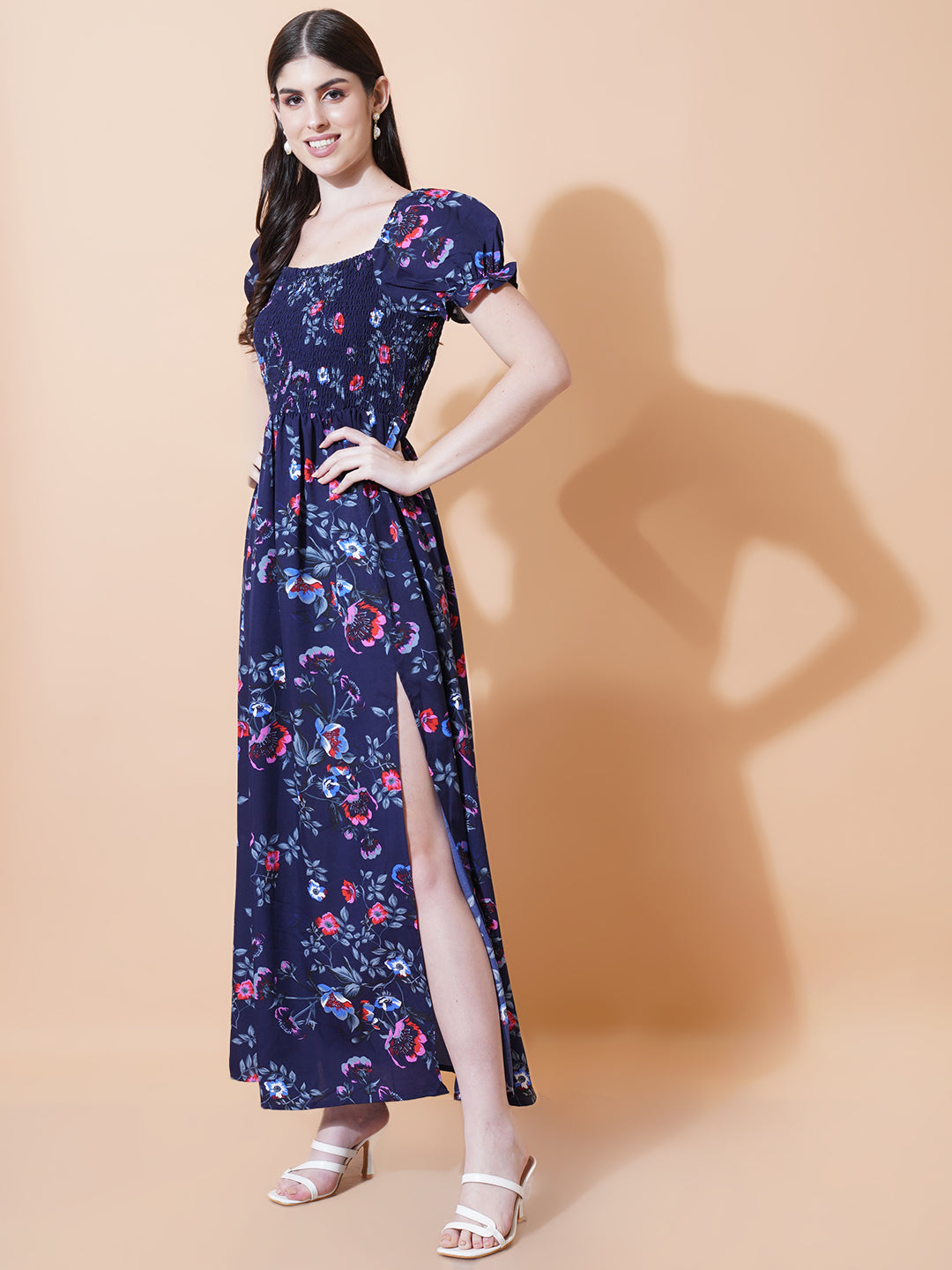 Women Navy Blue & Pink Floral Print Smocked Maxi Dress