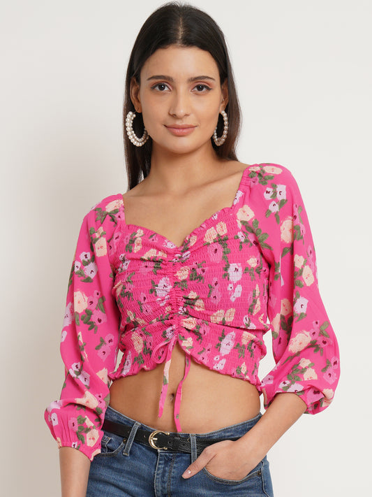 Women Pink Drawstring Front Floral Print Smocked Crop Top