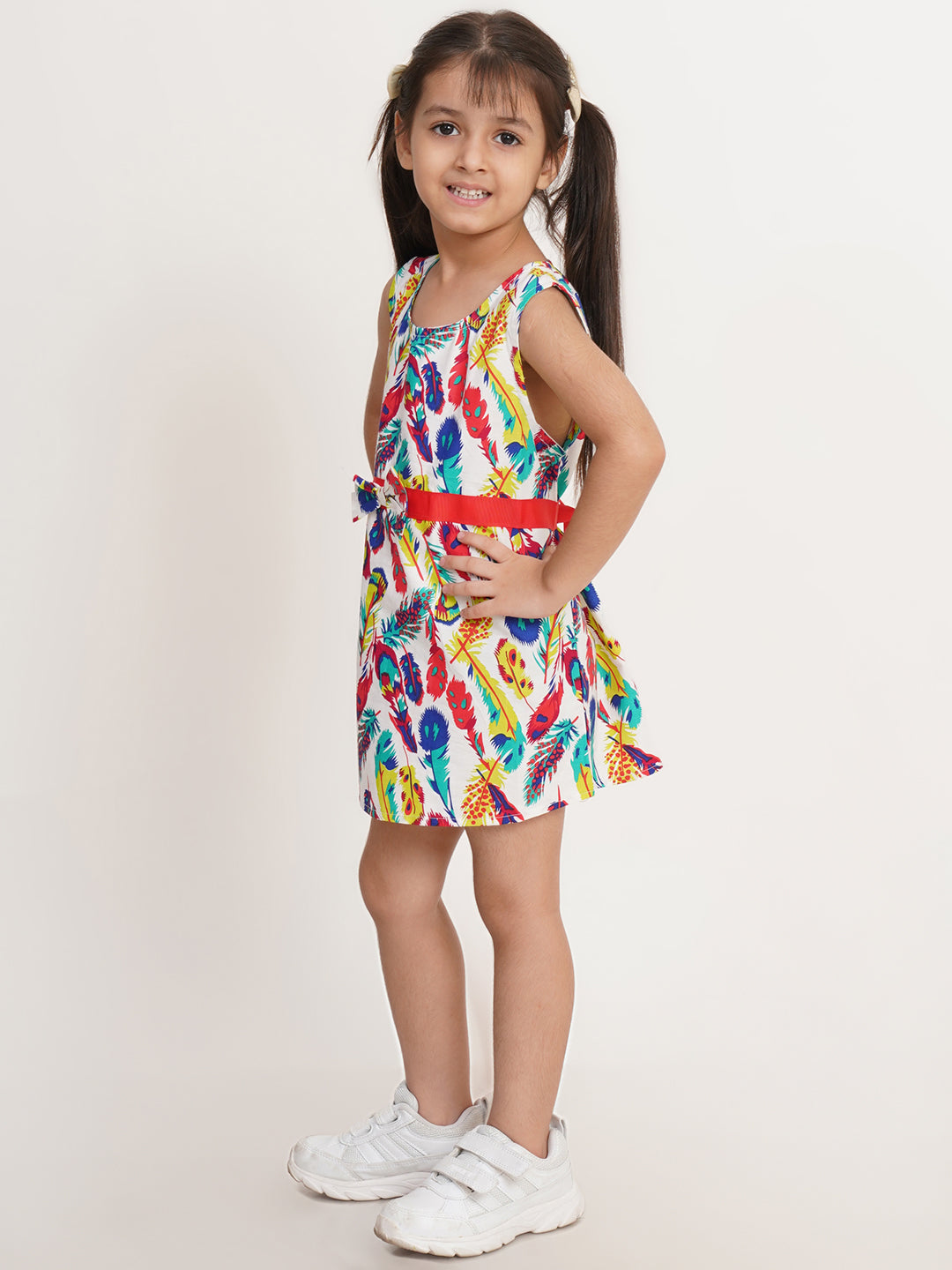 CREATIVE KID'S Girl Blue & Red Feather Print A-Line Cotton Dress