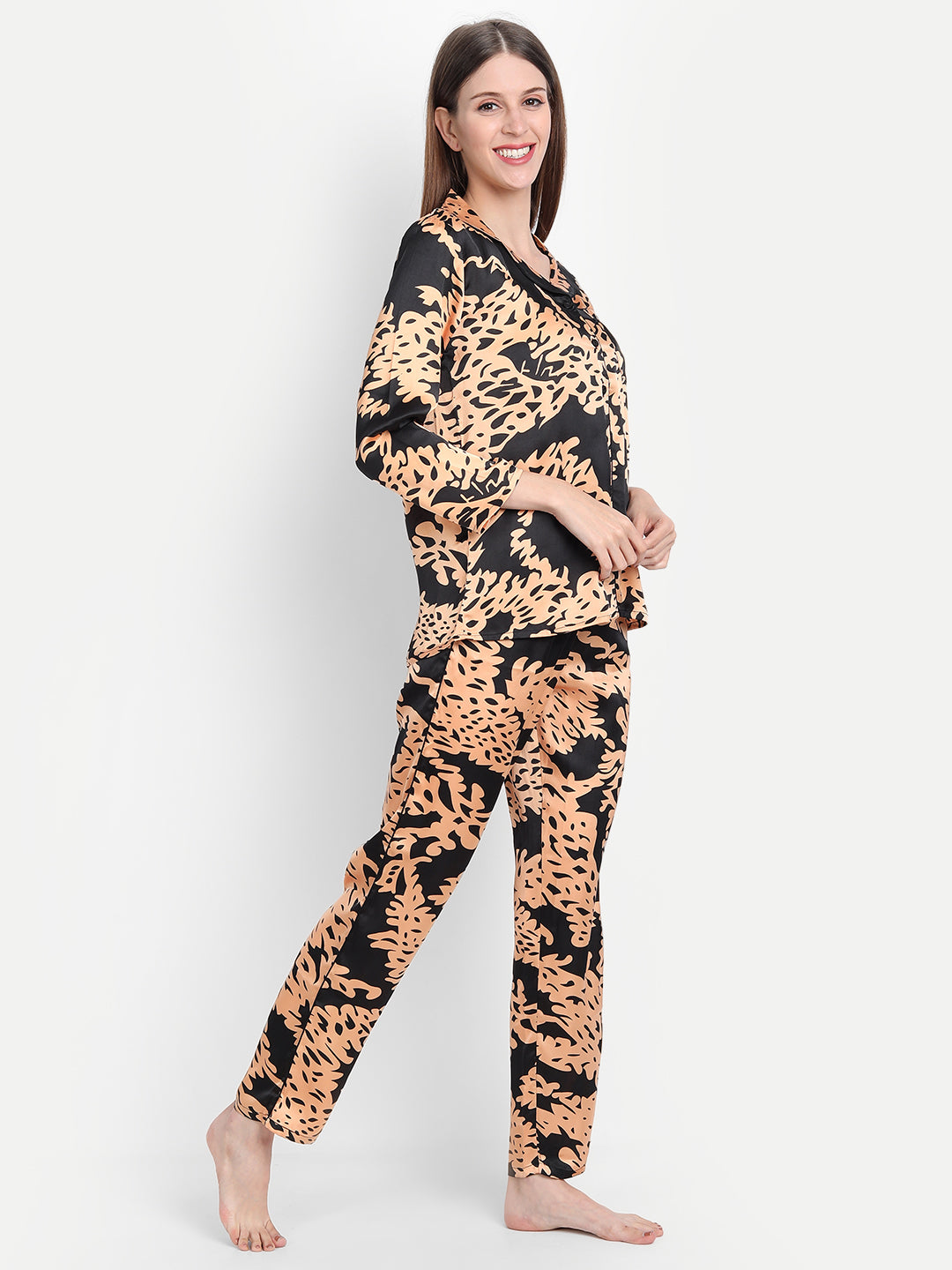 Women Black & Gold Animal Print Satin Pyjama & Shirt Nightsuit Set
