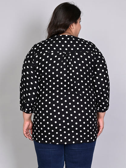Women Plus Size Black & White Printed Pintuck Mandarin Collar Longline Top