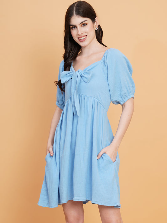 Women Elegant Blue Solid Halter Neck Midi Dress