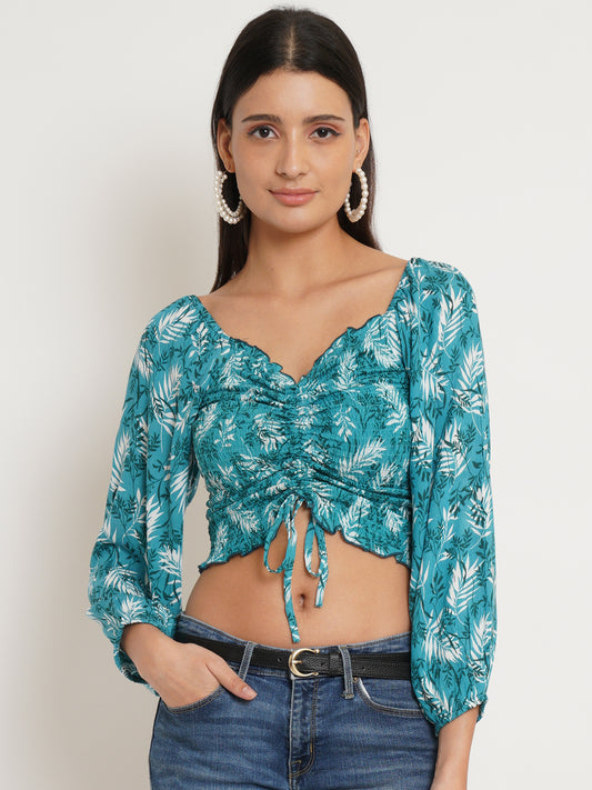 Women Turquoise Blue & White Drawstring Front Leaf Print Smocked Crop Top