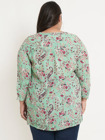 Women Green Floral Mandarin Collar Plus Size Top
