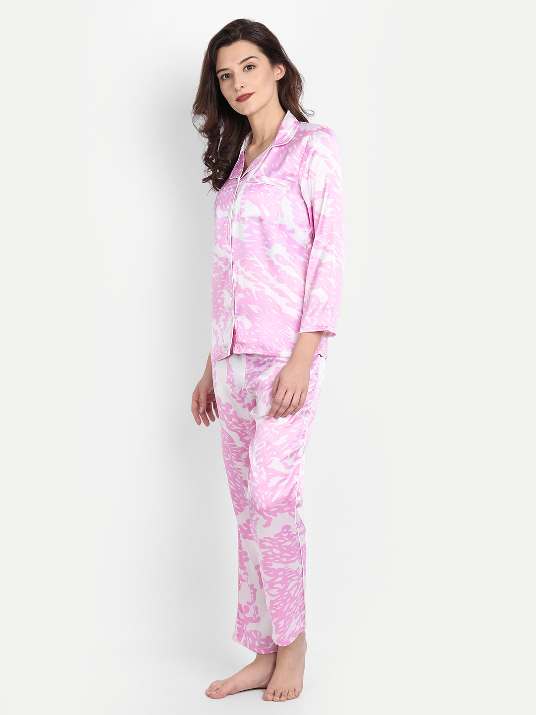 Women Pink & White Satin Pyjama & Shirt Nightsuit Set