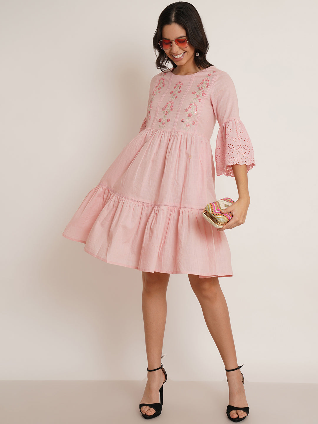 Women Pink Embroidered Floral Schiffli Fit & Flare Dress