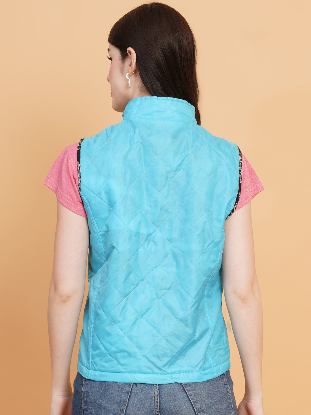 Women Blue Solid Quilted Jacket